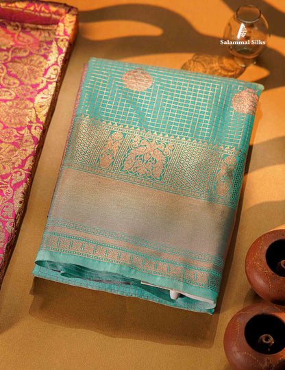 Rexona Green Colour Small Checks Semi Silk Saree With Violet Blouse