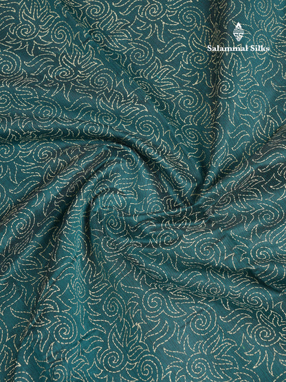 Beautiful Peacock Blue Printed Cotton Mix Saree With Contrast Grey Embroidery Border