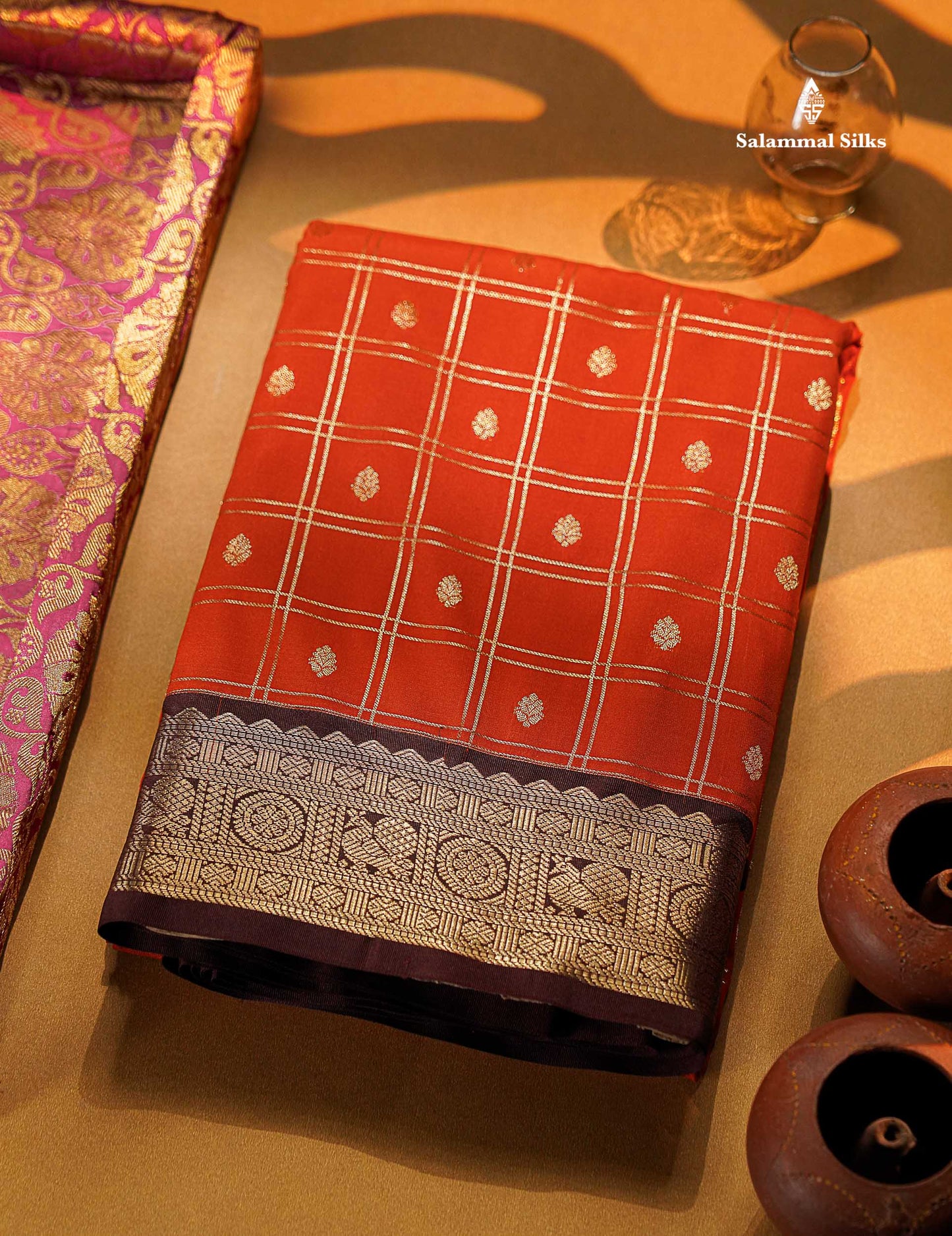 Beautiful Rust Orange Semi Silk Saree With Contrast Dark Brown Traditional Medium Border
