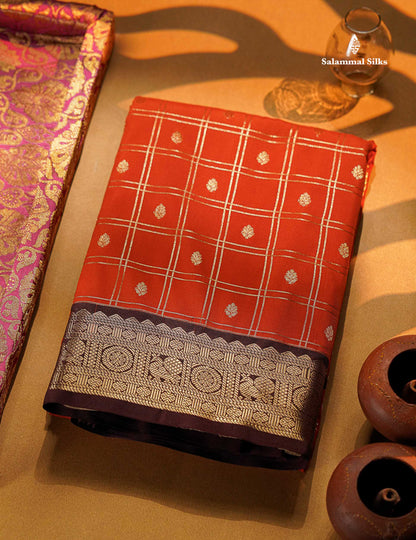 Beautiful Rust Orange Semi Silk Saree With Contrast Dark Brown Traditional Medium Border