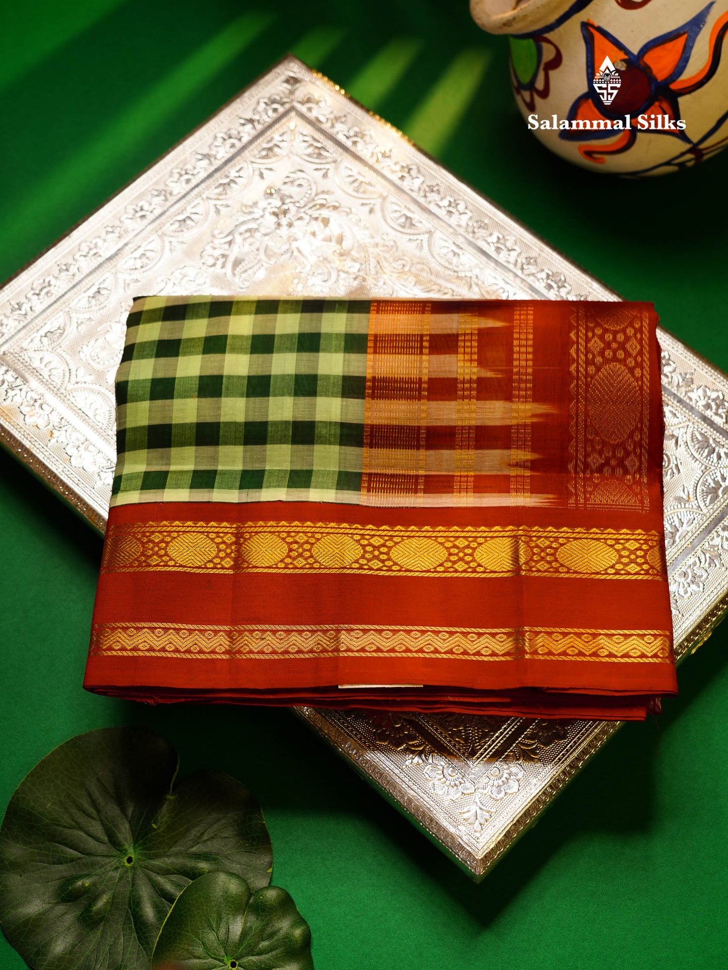 Beautiful Paalum Pazham Checks Pure Silk Cotton Saree With Contrast Maroon Traditional Border