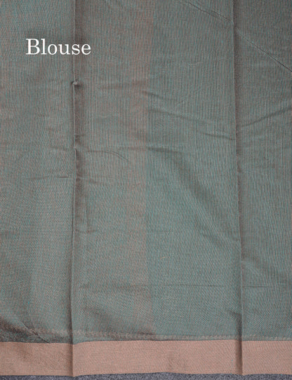Beautiful Peacock Blue Printed Cotton Mix Saree With Contrast Grey Embroidery Border