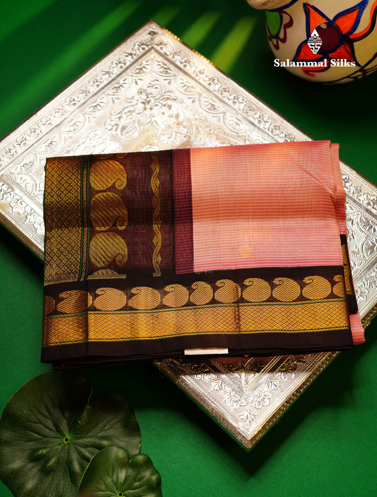 Beautiful Baby Pink Pure Silk Cotton Saree With Contrast Dark Brown Traditional Border