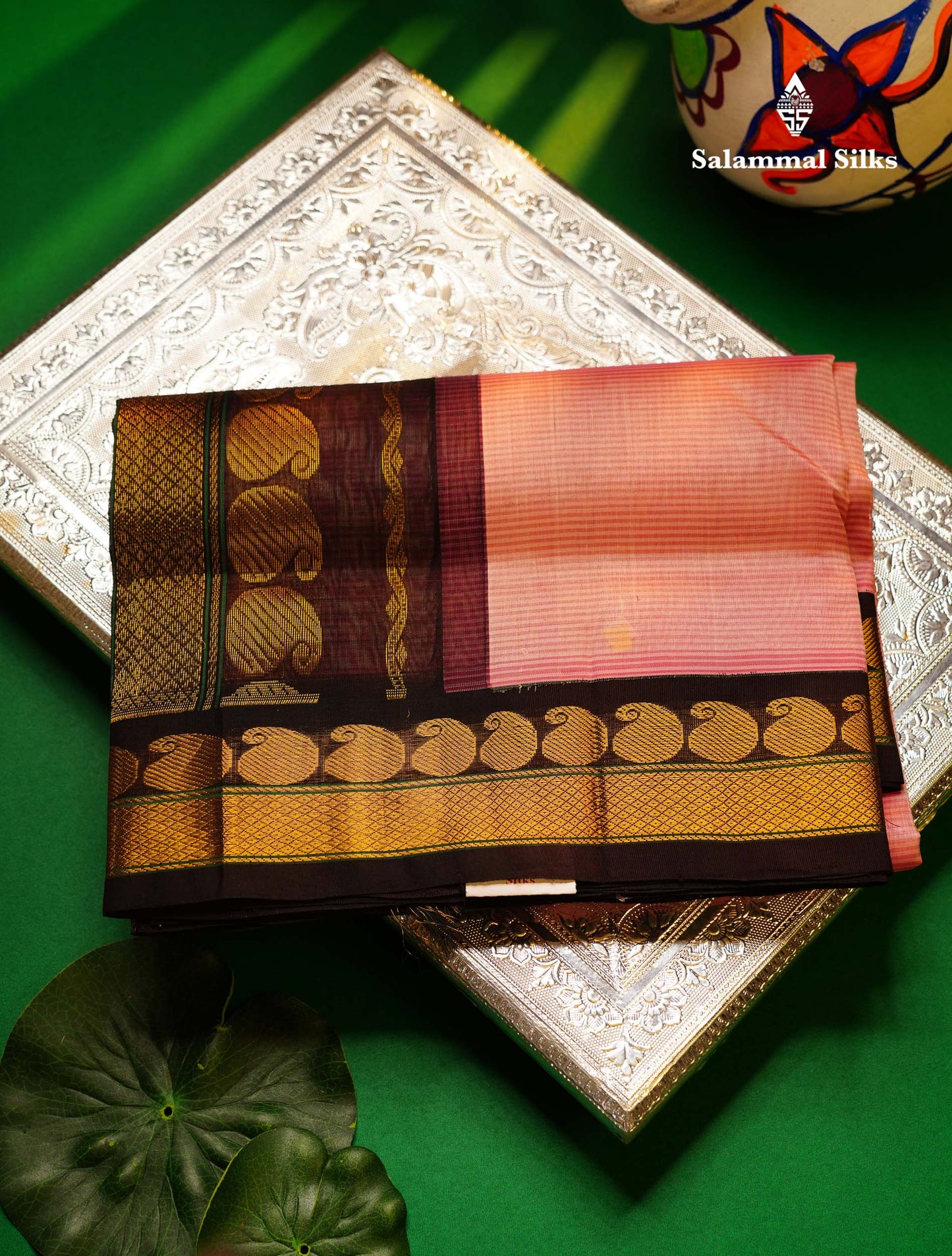 Beautiful Baby Pink Pure Silk Cotton Saree With Contrast Dark Brown Traditional Border