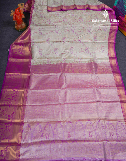Beautiful Cream Green Tissue Semi Silk Saree With Contrast Magenta Evening Morning Border