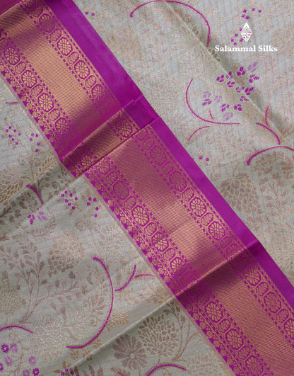 Beautiful Cream Green Tissue Semi Silk Saree With Contrast Magenta Evening Morning Border