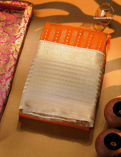 Beautiful Orange Semi Silk Saree With Contrast Cream Sandal Traditional Evening Morning Border