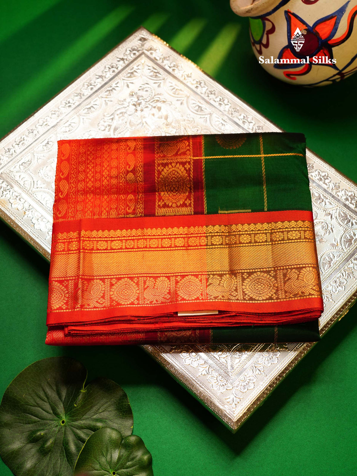 Beautiful Bottle Green Zari Checks Pure Silk Cotton Saree With Contrast Dual Tone Red Traditional Border
