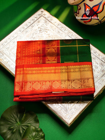Beautiful Bottle Green Zari Checks Pure Silk Cotton Saree With Contrast Dual Tone Red Traditional Border