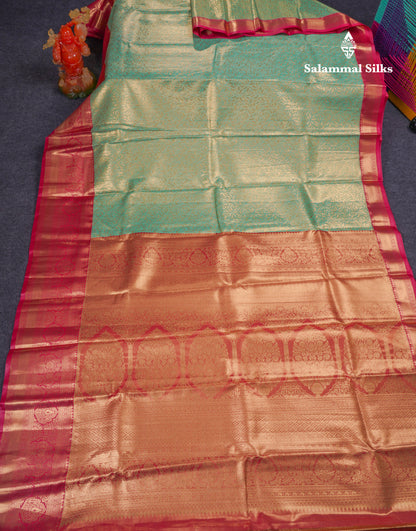 Beautiful Light Rexona Green Tissue Semi Silk Saree With Contrast Pink Border