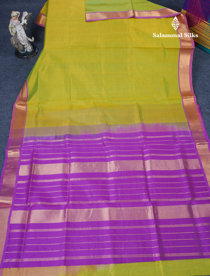 Manthulir Yellow Plain Pure Silk Cotton Saree With Contrast Purple Blouse