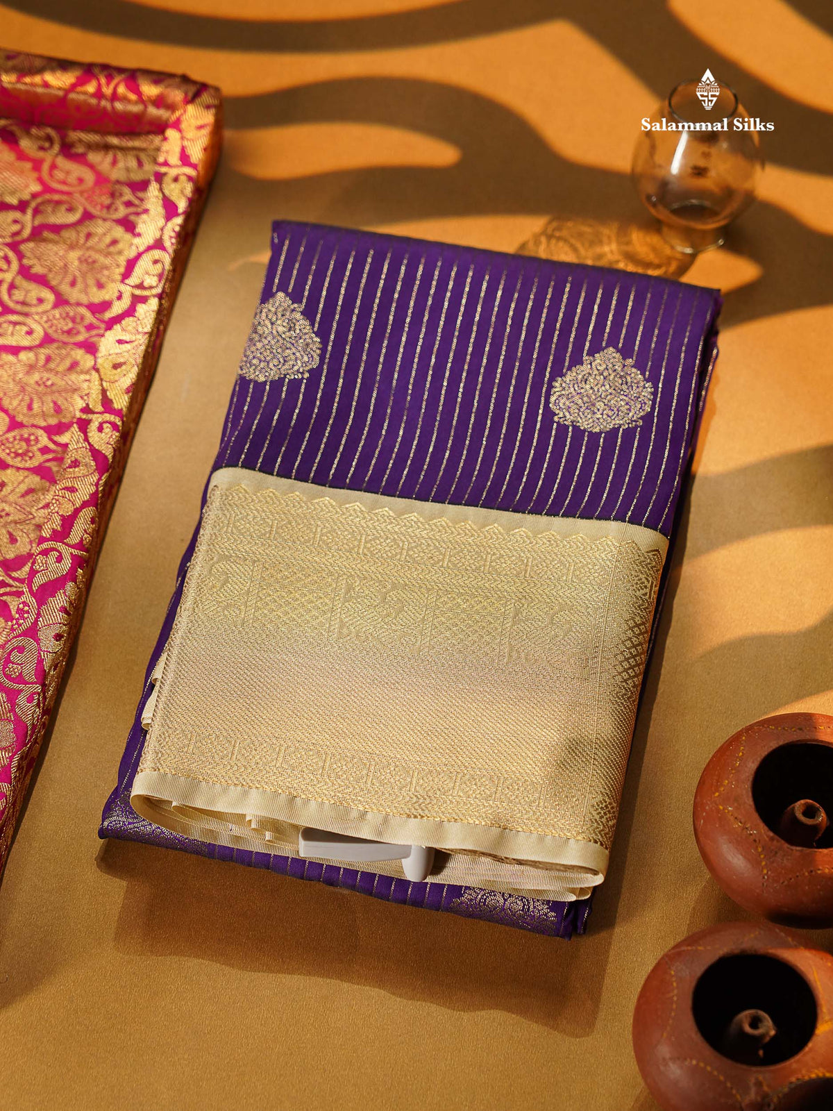 Semi Silk Saree - Royal Purple Stripes With Butta Along With Contrast Cream Border