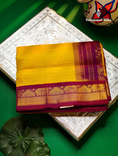 Beautiful Lemon Yellow Zari Small Checks Pure Silk Cotton Saree With Contrast Magenta Traditional Border