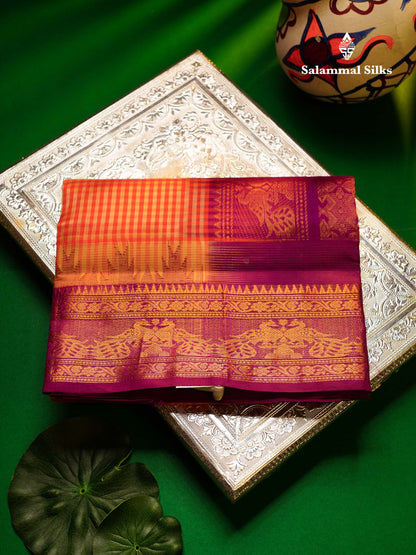Beautiful Orange & Beige Tiny Checks Pure Silk Cotton Saree With Contrast Purple Traditional Evening Morning Border