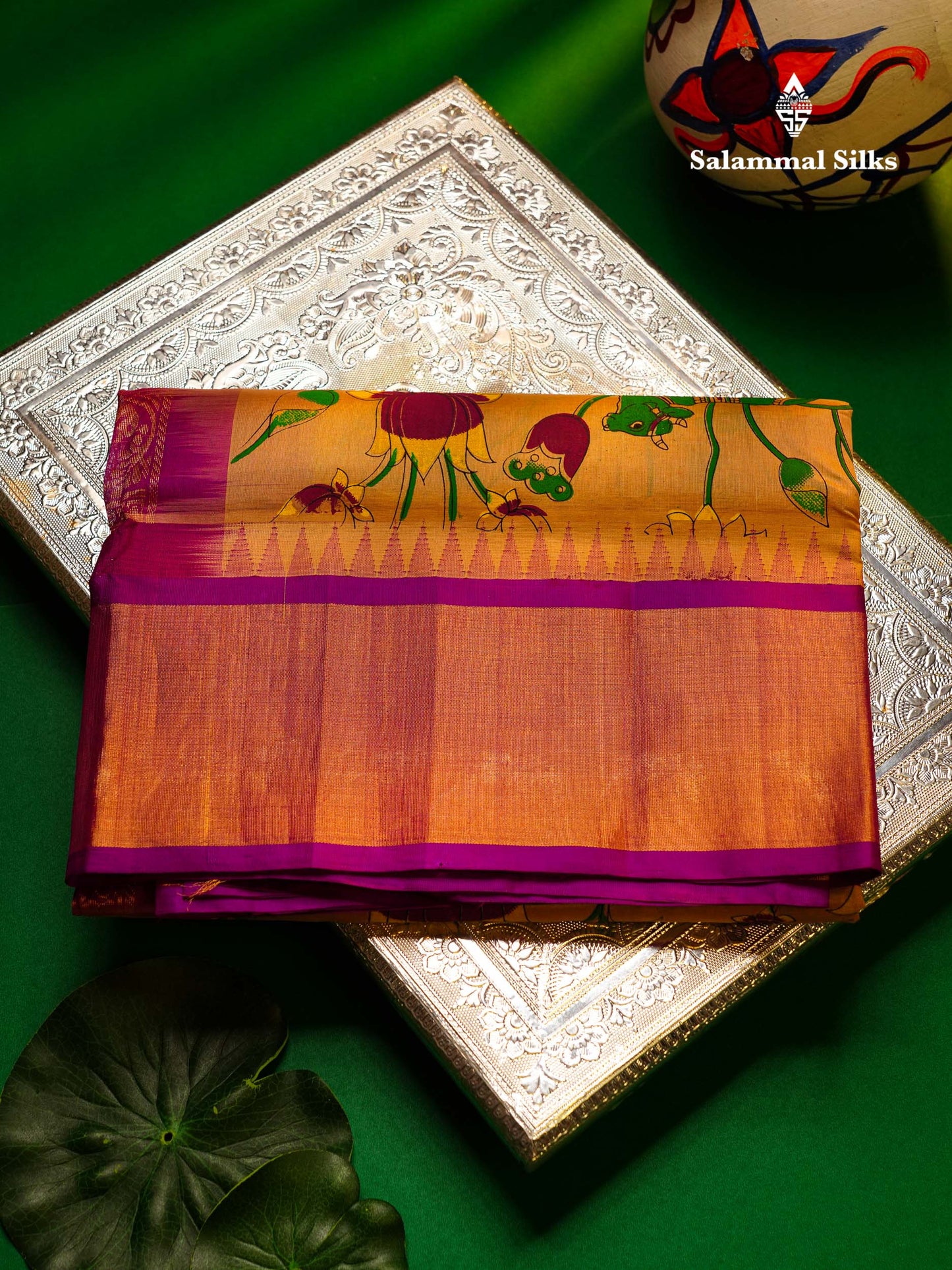 Beautiful Onion Pink Kalamkari Design Pure Silk Cotton Saree With Contrast Violet Border