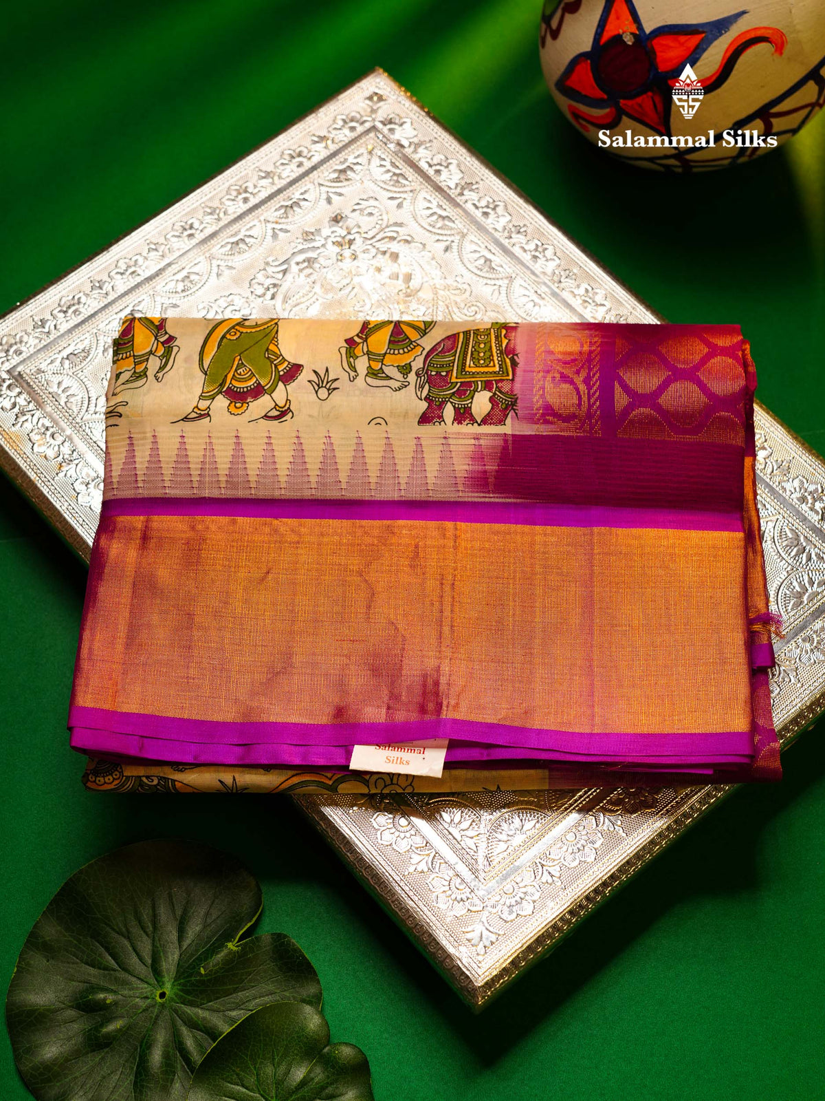 White Printed Pure Silk Cotton Saree With Contrast Vadamalli Traditional Temple Border