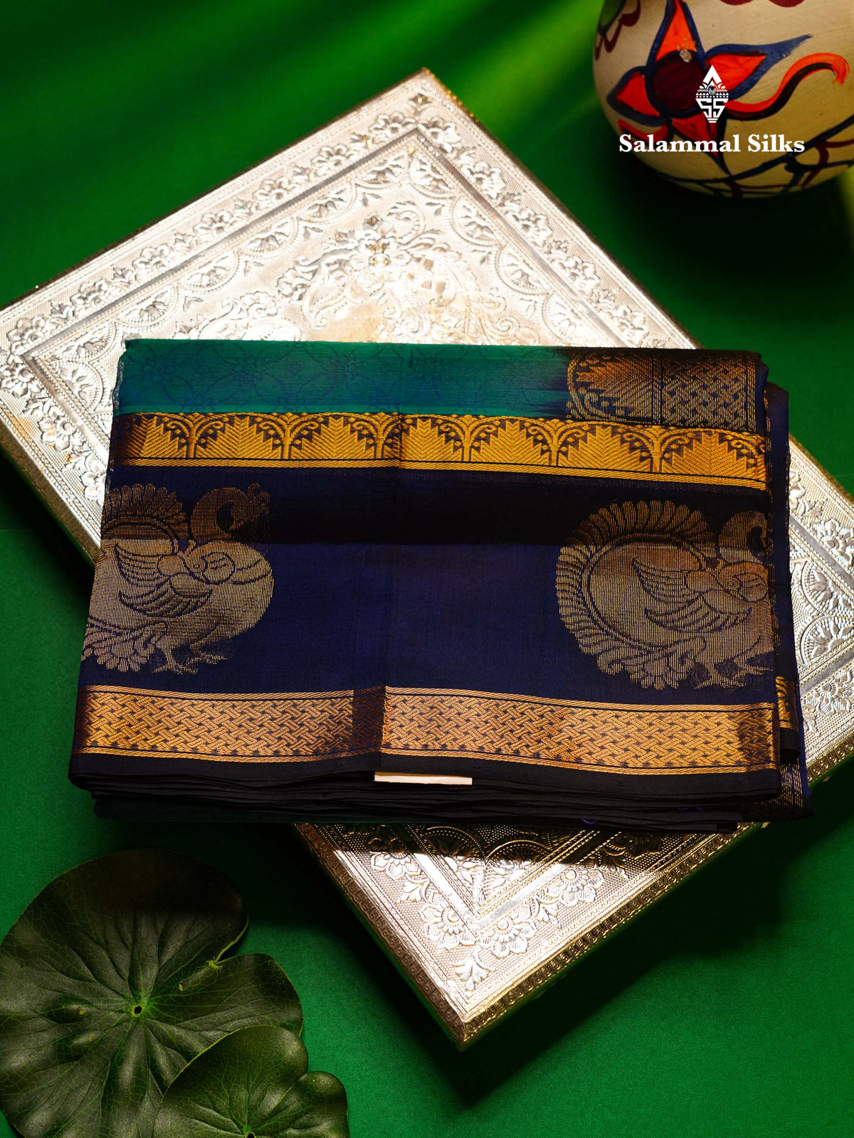 Beautiful Peacock Blue Emboss Design Handloom Pure Silk Cotton Saree With Navy Blue Traditiona Border