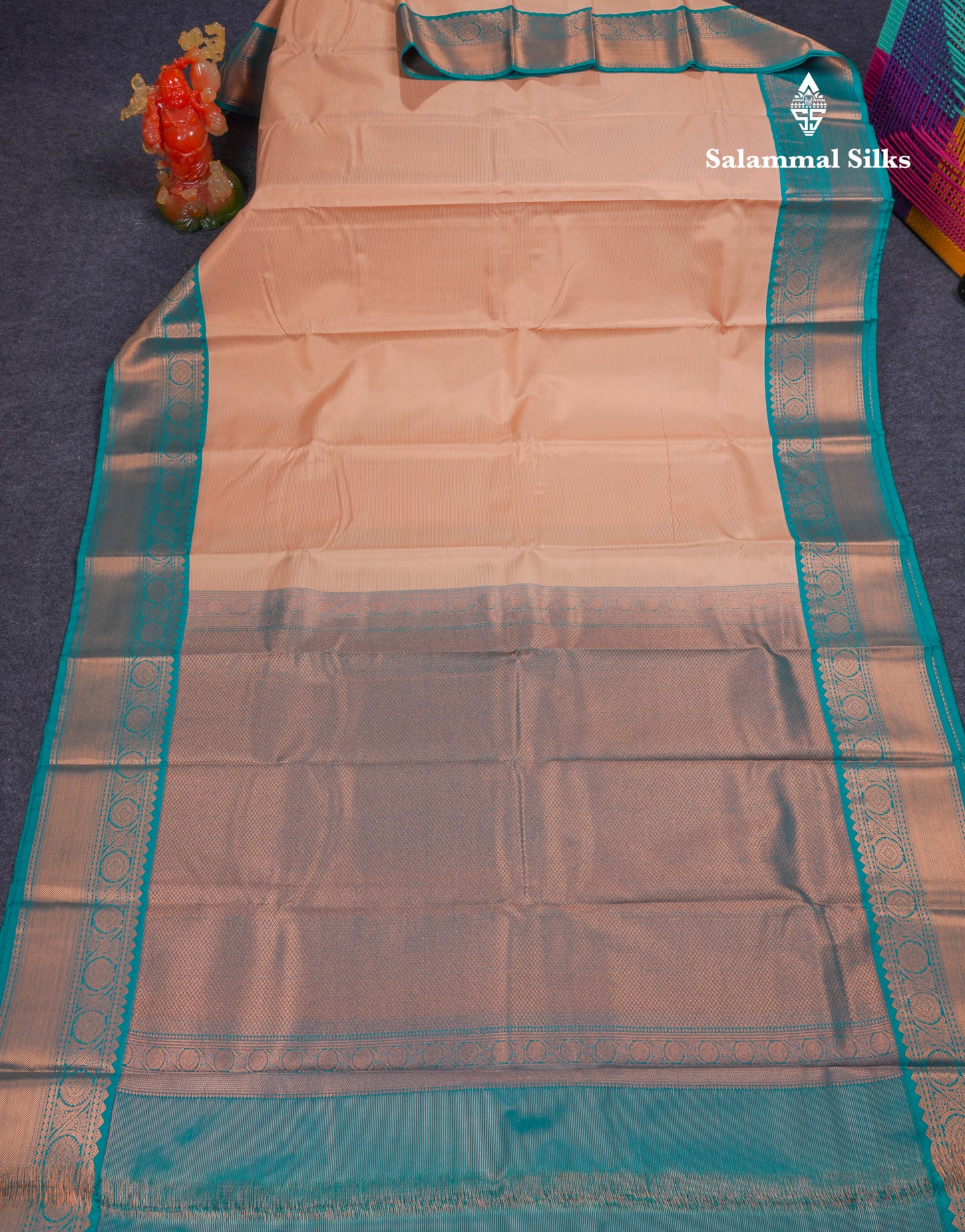Beautiful Dark Sandal Vaira Oosi Lines Semi Silk Saree With Contrast Peacock Blue Border