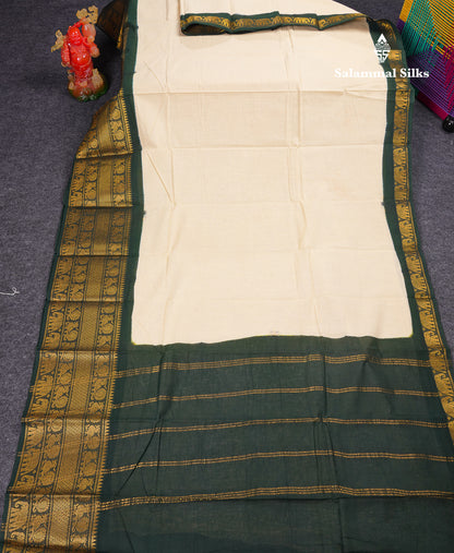 Beautiful Half White Plain Sungudi Cotton Saree With Contrast Bottle Green Traditional Long Border