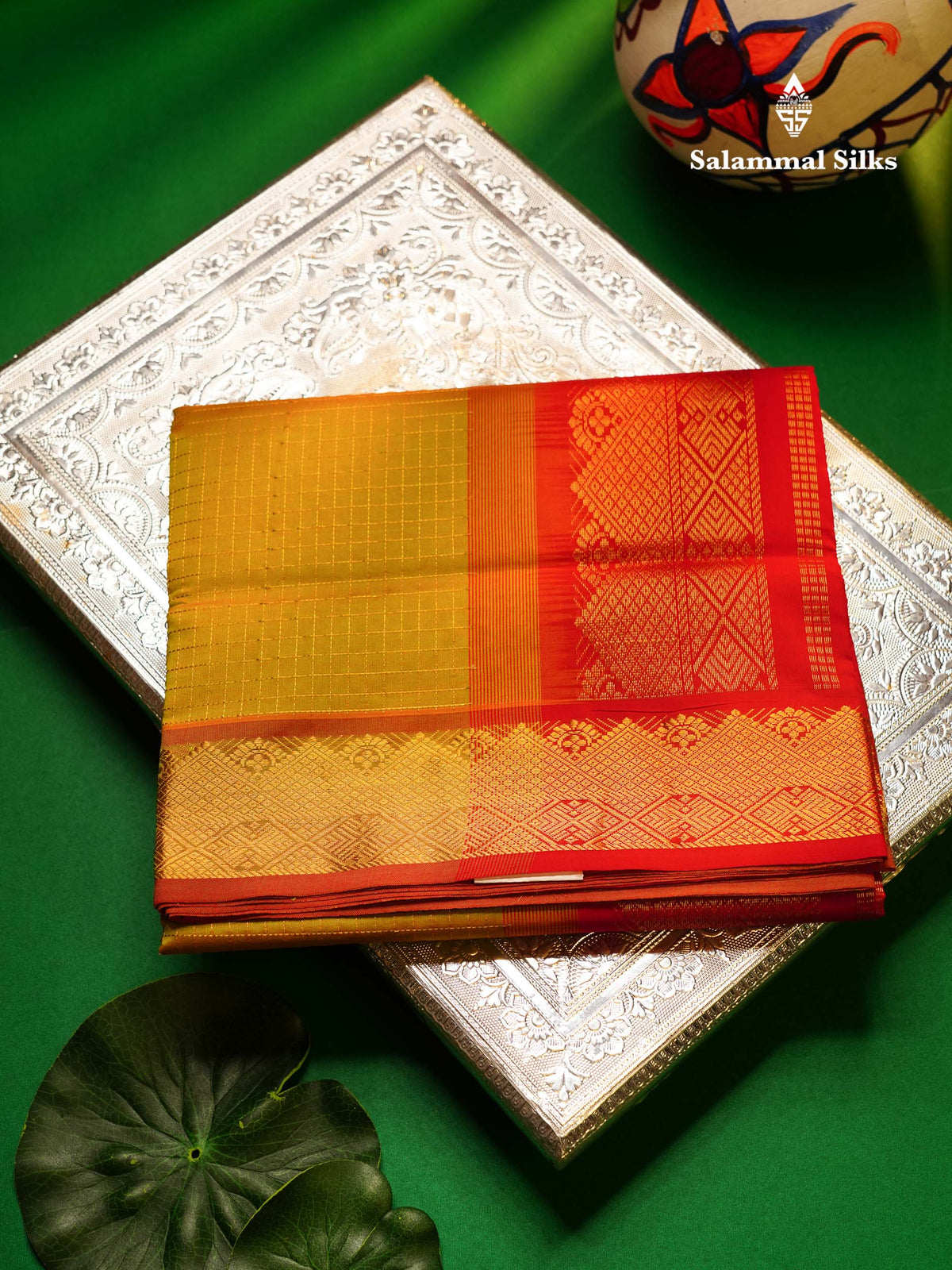 Beautiful Manthulir Green Small Zari Checks Semi Silk Cotton Saree With Contrast Chilly Red Blouse