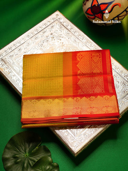 Beautiful Manthulir Green Small Zari Checks Semi Silk Cotton Saree With Contrast Chilly Red Blouse