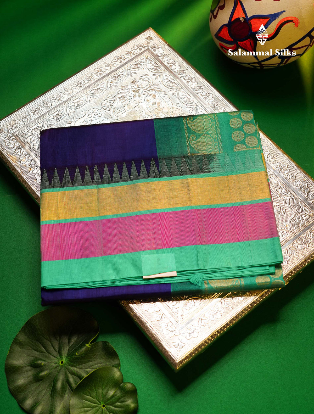 Beautiful Royal Blue Plain Pure Silk Cotton Saree With Contrast Ice Blue Traditional Border