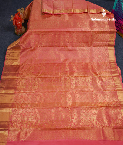 Beautiful Dark Peach Bridal Pure Kanjivaram Silk Saree With Traditional Evening Morning Border