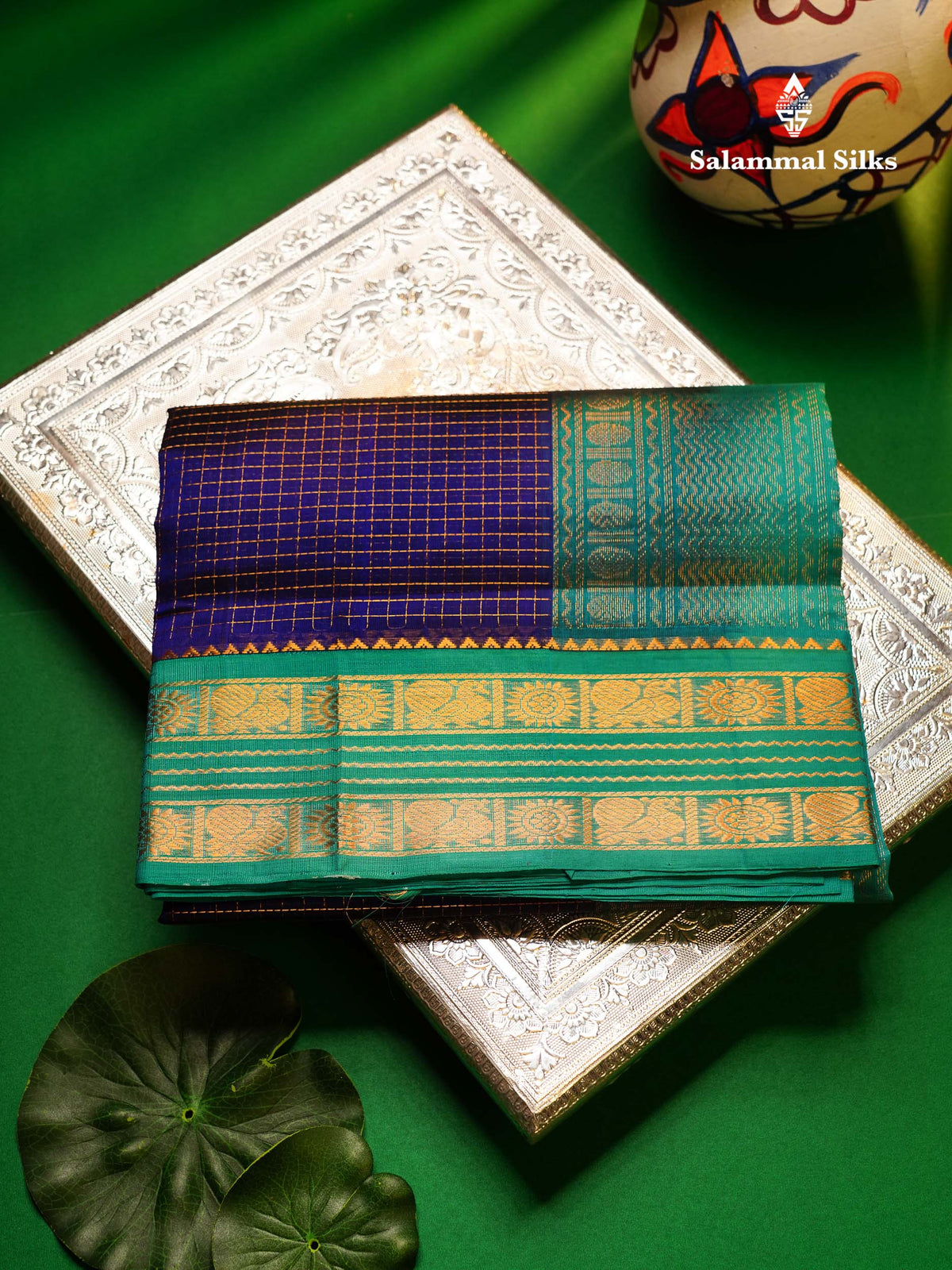 Beautiful Dual Tone Navy Blue Zari Checks Pure Silk Cotton Saree With Contrast Sapphire Green Traditional Border