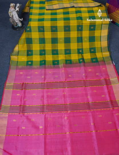 Beautiful Paalum Pazham Checks Handloom Pure Silk Cotton Saree With Contrast Pink Blouse
