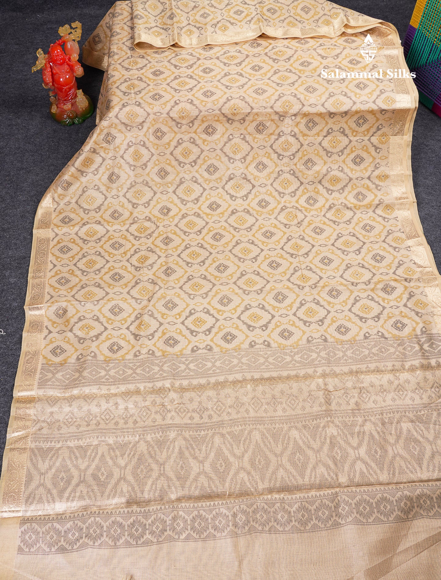 Beautiful Cream Sandal Tissue Cotton Mix Saree With Small Border