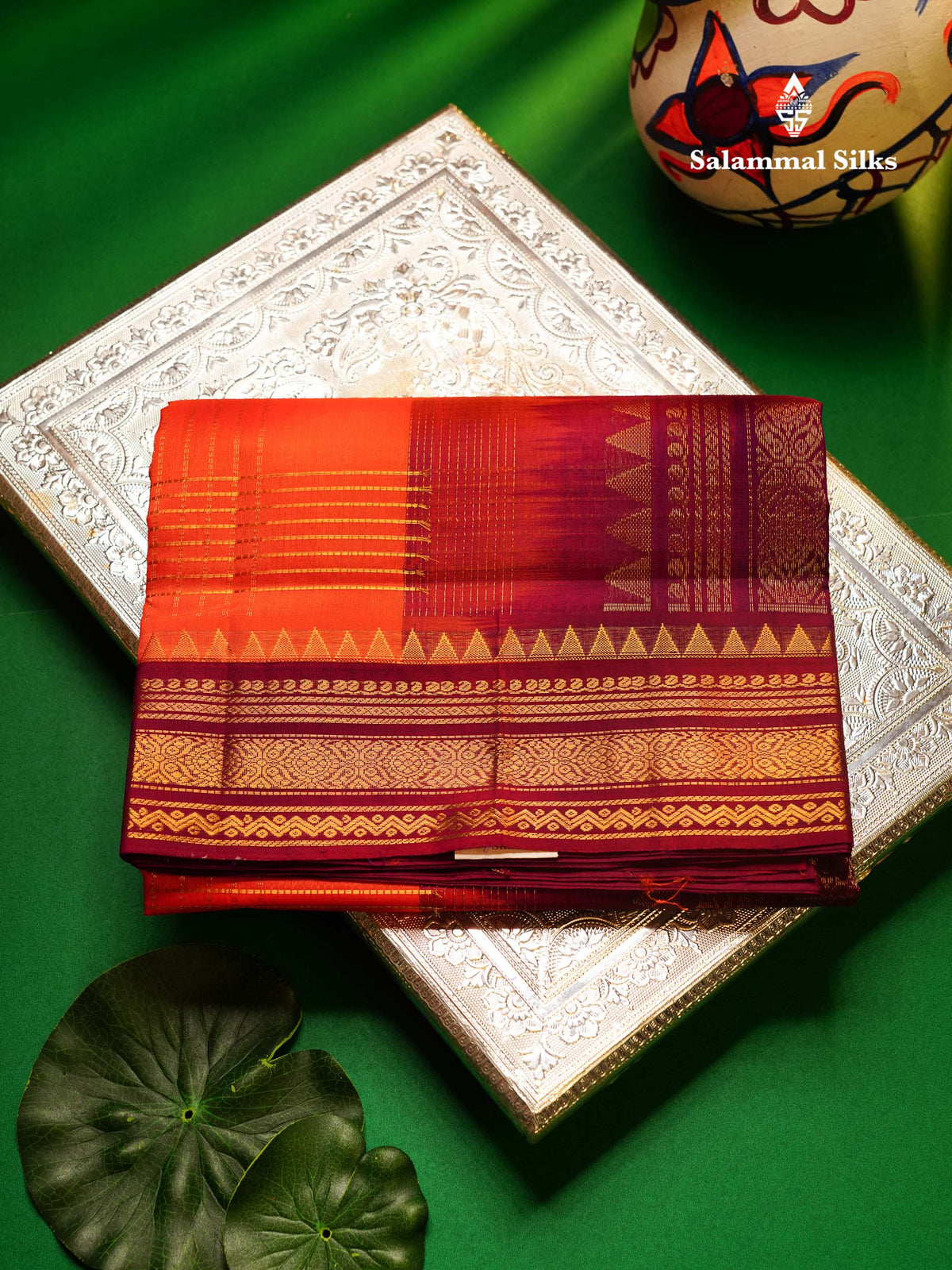 Beautiful Dual Tone Peach Orange Pure Silk Cotton Saree With Contrast Magenta Traditional Border