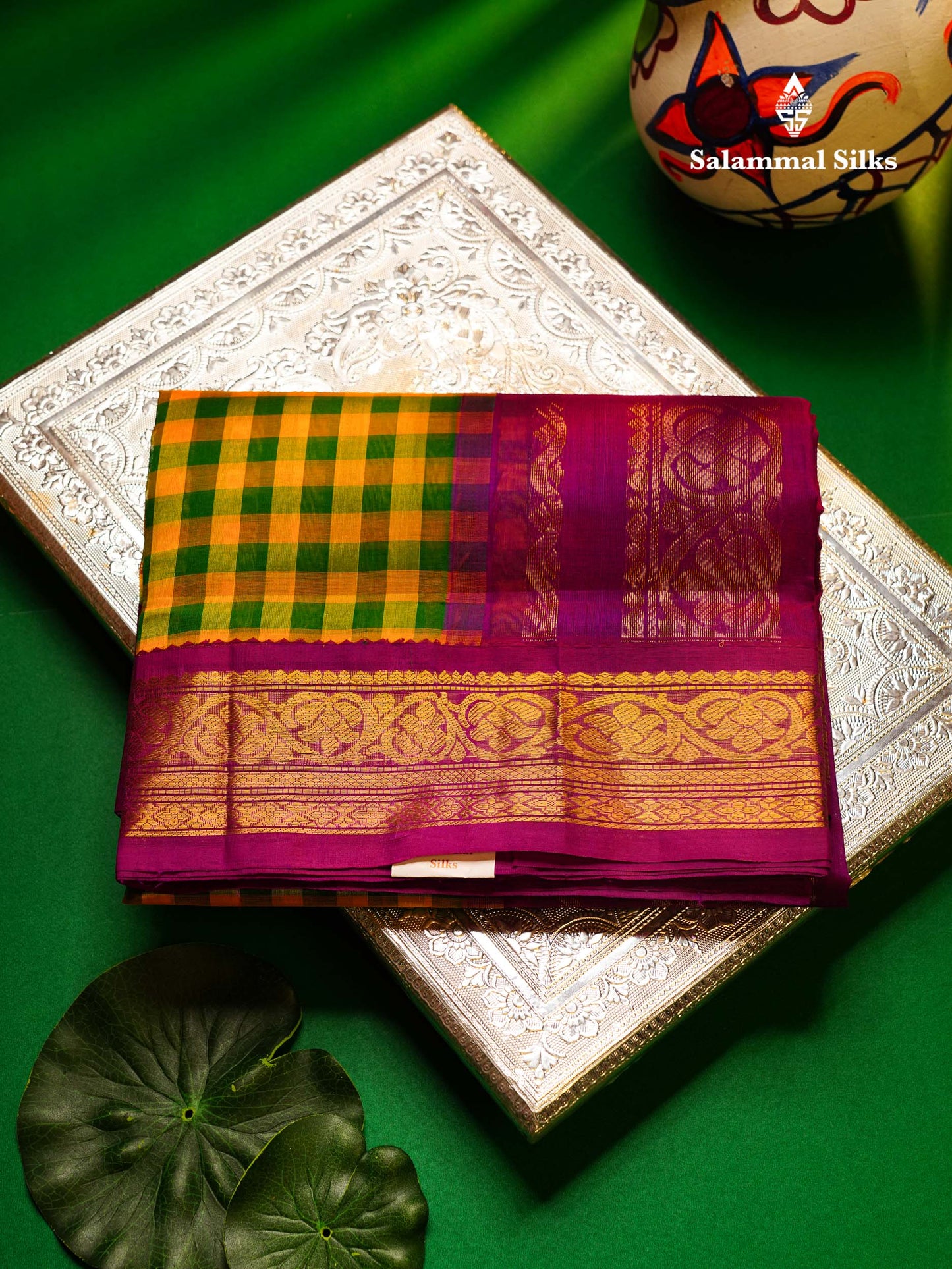 Beautiful Paalum Pazham Checks Pure Silk Cotton Saree With Contrast Vadamalli Traditional Border