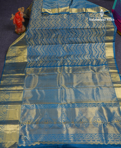 Beautiful Peacock Blue Bridal Pure Kanjivaram Silk Saree With Traditional Evening Morning Border
