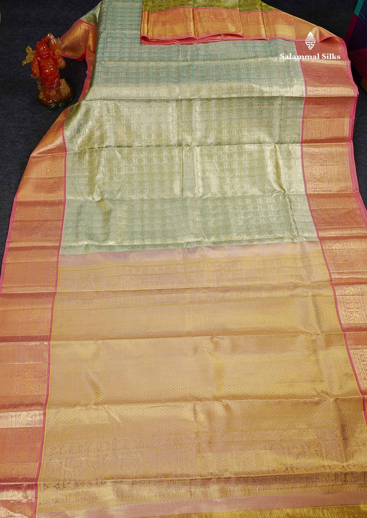 Beautiful Pista Green Tissue Bridal Pure Kanjivaram Silk Saree With Contrast Peach Traditional Border