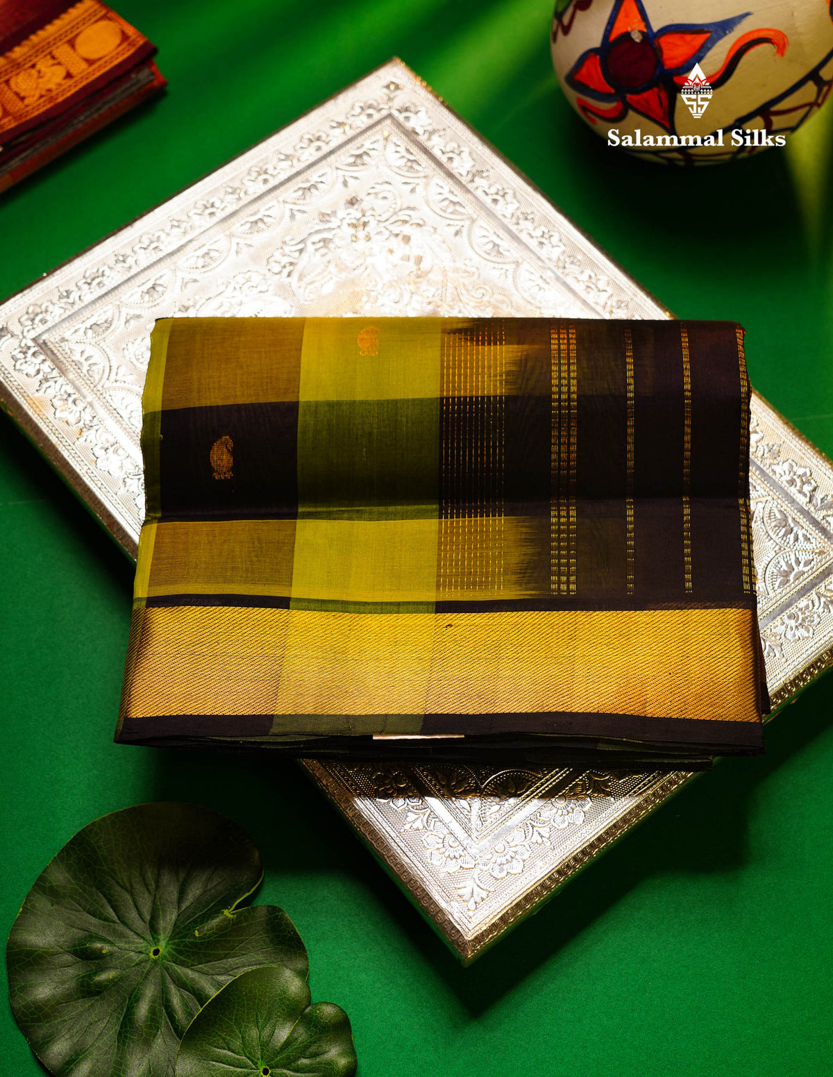 Beautiful Paalum Pazham Checks Pure Silk Cotton Saree With Contrast Navy Blue Blouse