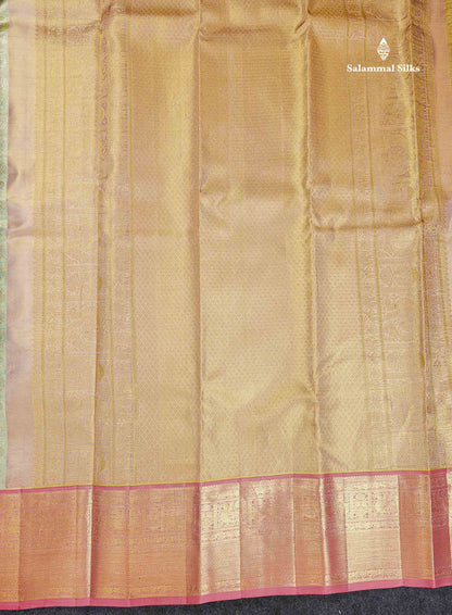 Beautiful Pista Green Tissue Bridal Pure Kanjivaram Silk Saree With Contrast Peach Traditional Border