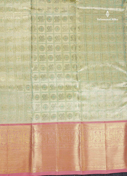 Beautiful Pista Green Tissue Bridal Pure Kanjivaram Silk Saree With Contrast Peach Traditional Border