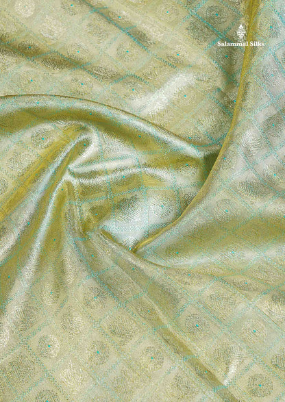 Beautiful Pista Green Tissue Bridal Pure Kanjivaram Silk Saree With Contrast Peach Traditional Border