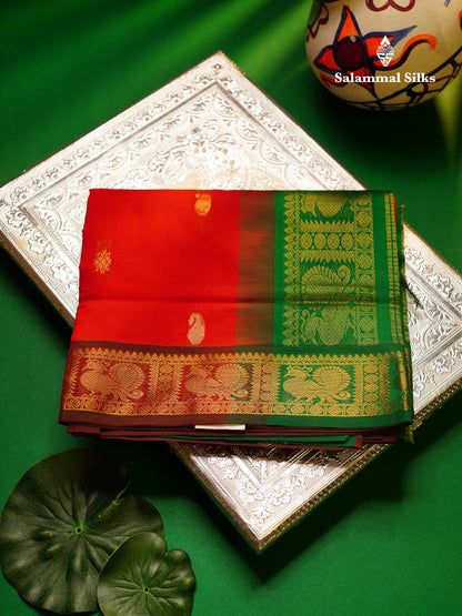Beautiful Chilly Red Mango Zari Butta Red Semi Silk Cotton Saree With Contrast Saffire Green Blouse