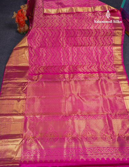 Beautiful Magenta Pink Bridal Pure Kanjivaram Silk Saree With Traditional Evening Morning Border