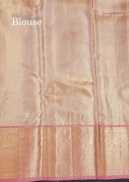 Beautiful Pista Green Tissue Bridal Pure Kanjivaram Silk Saree With Contrast Peach Traditional Border