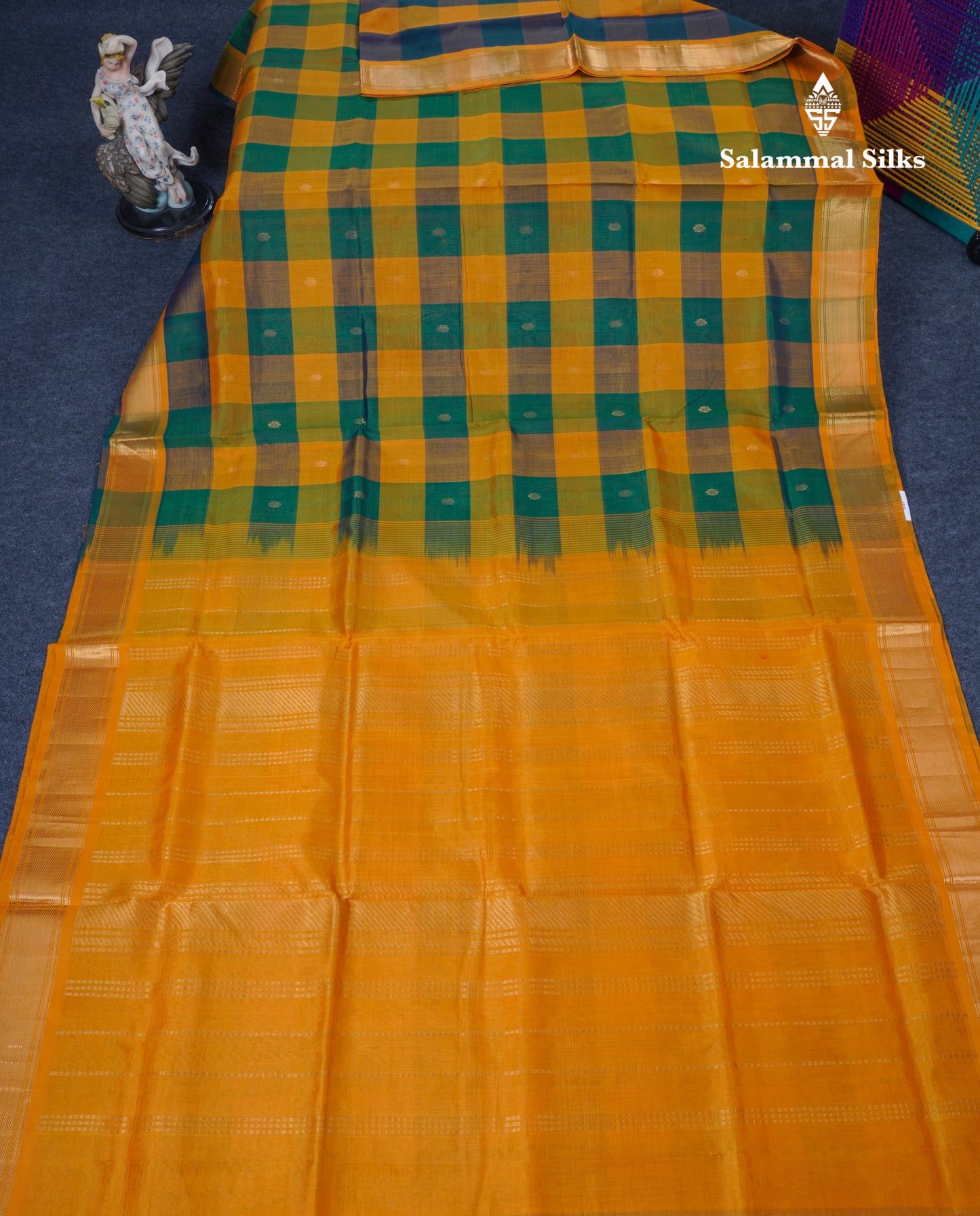 Beautiful Paalum Pazham Checks Handloom Pure Silk Cotton Saree With Contrast Mustard Yellow Blouse
