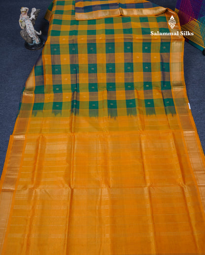 Beautiful Paalum Pazham Checks Handloom Pure Silk Cotton Saree With Contrast Mustard Yellow Blouse