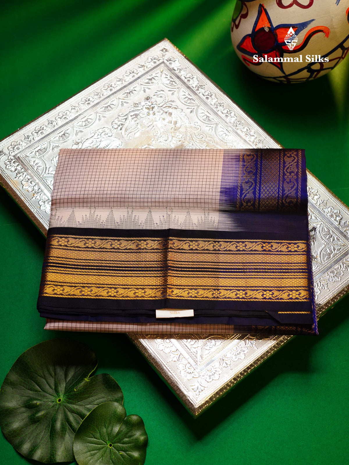 Beautiful Dual Tone Light Pink Small Checks Pure Silk Cotton Saree With Contrast Navy Blue Traditional Border