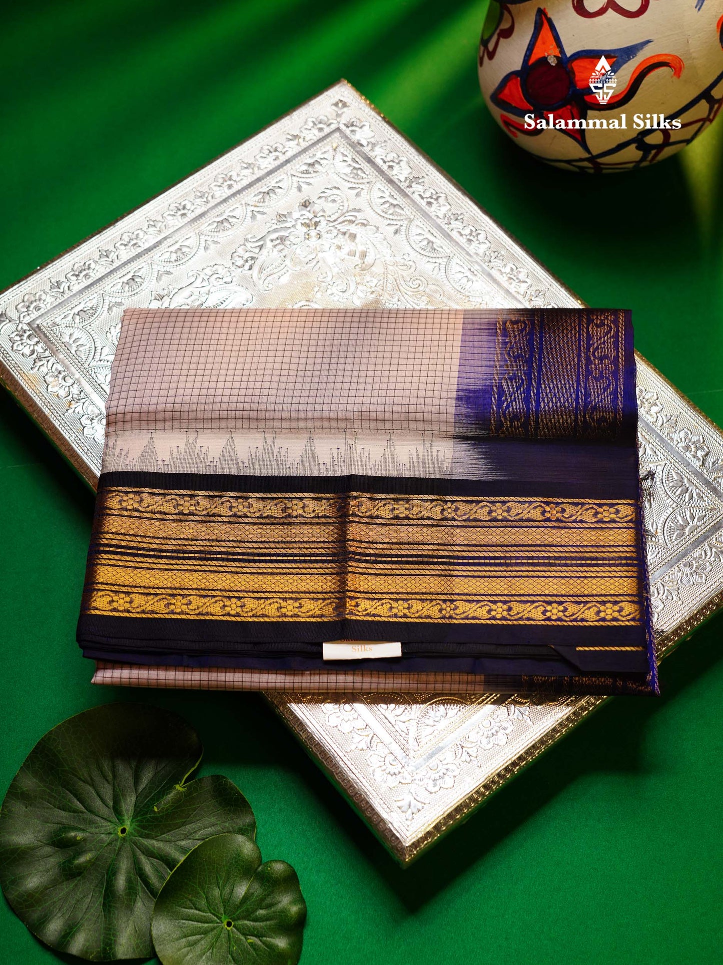 Beautiful Dual Tone Light Pink Small Checks Pure Silk Cotton Saree With Contrast Navy Blue Traditional Border