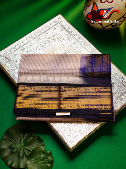 Beautiful Dual Tone Light Pink Small Checks Pure Silk Cotton Saree With Contrast Navy Blue Traditional Border