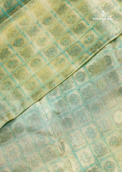 Beautiful Pista Green Tissue Bridal Pure Kanjivaram Silk Saree With Contrast Peach Traditional Border