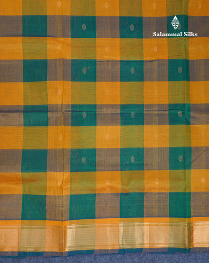Beautiful Paalum Pazham Checks Handloom Pure Silk Cotton Saree With Contrast Mustard Yellow Blouse