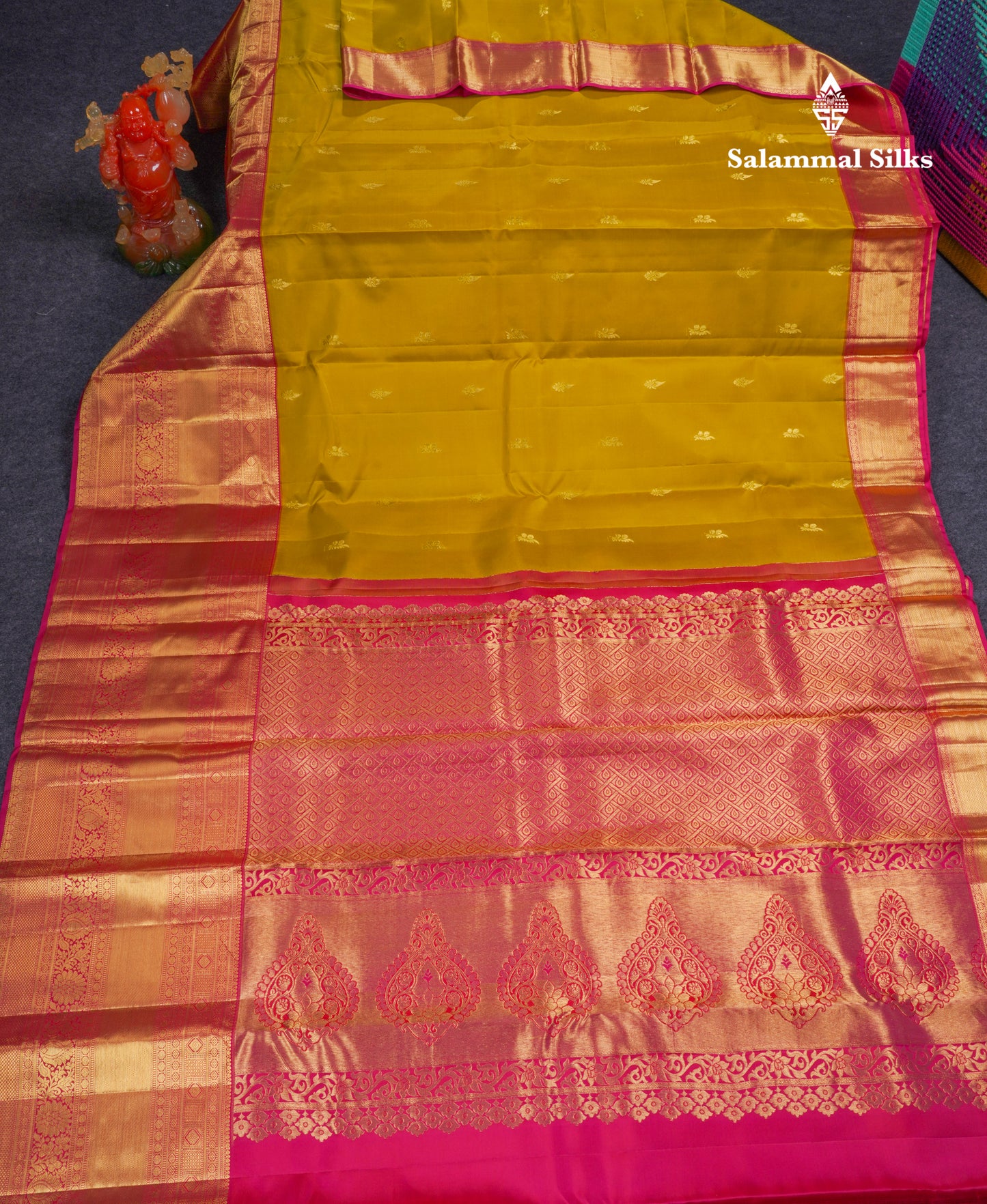Beautiful Manthulir Yellow Pure Kanjivaram Silk Saree With Contrast Pink Traditional Evening Morning Border
