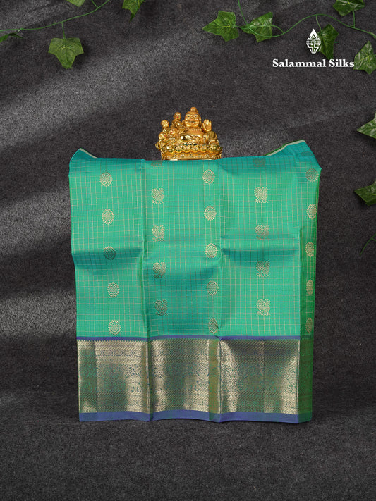 Beautiful Zari Checks With Annam And Chakaram Butta Pure Silk Pattu Pavadai (Sapphire Green) With Contrast Violet Traditional Blouse 18"